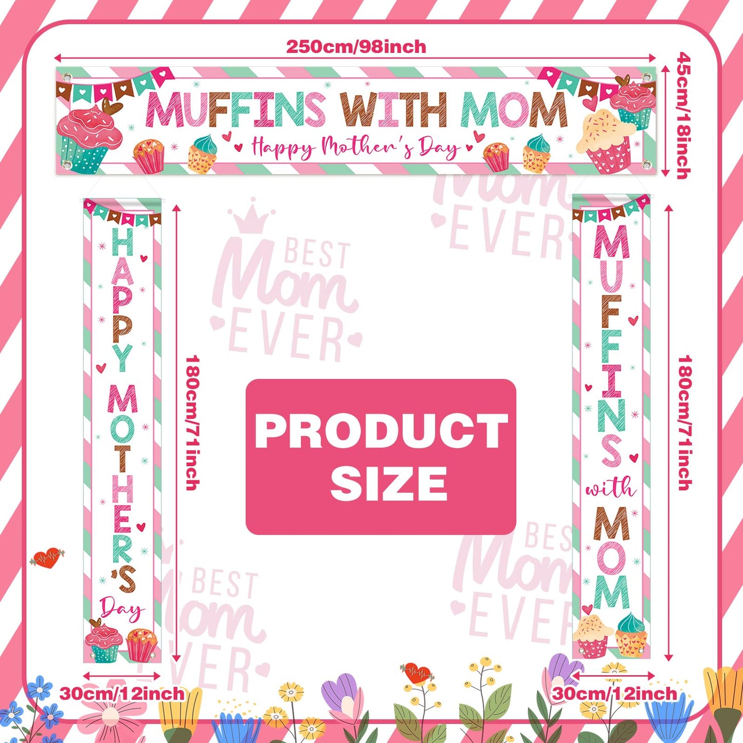 Fanfanwin 3 Pcs Happy Mother's Day Banner Muffins with Mom Decoration Mothers Day Banner Cake Love Mom Thank You Mama Party Supplies for Women Mama Wife Photo Booth Studio Props