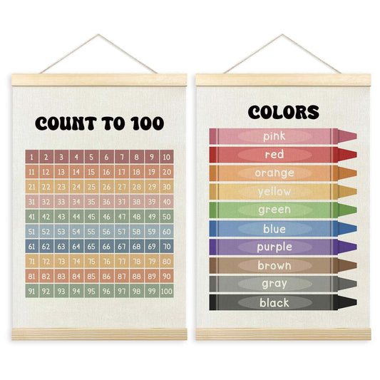 TLESKE 1-100 Numbers Hundreds Colors Chart Poster Hanger Frame for Toddler Kid Classroom Set of 2, Homeschool Hanging Wall Art Decor for Nursery Playroom, Preschool Learning Educational Poster, 16x24