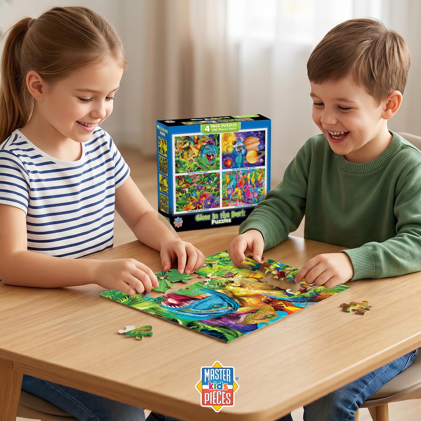 MasterPieces – Jigsaw Puzzle Set for Kids 6+ Years, 4-Pack of 100 Pieces, Educational and Fun Game, Blue Glow in The Dark Collection, Gift Idea for Children, 8" x 10