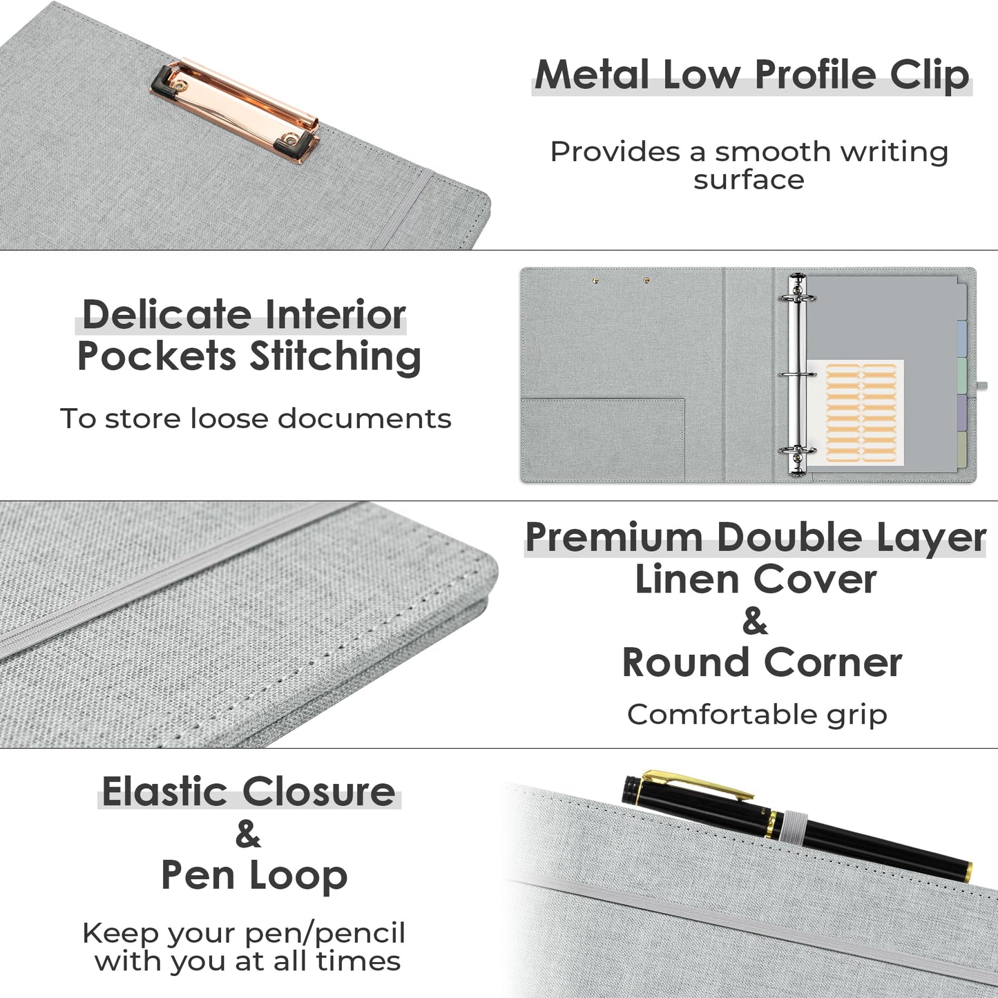 EYROZILL 3 Ring Binder 2 Inch, Binder for Letter Size (11" x 8.5") with 5 Tab Dividers, File Folder Labels and Low Profile Clipboards, Light Grey