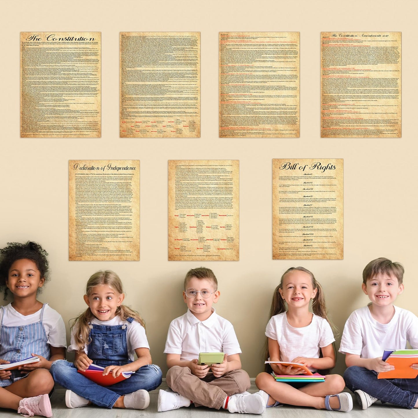 7Pcs American Founding Documents Poster US Constitution with All Amendments, Declaration of Independence and Bill Of Rights Posters Vintage US History Wall Prints for Classroom School Home Office