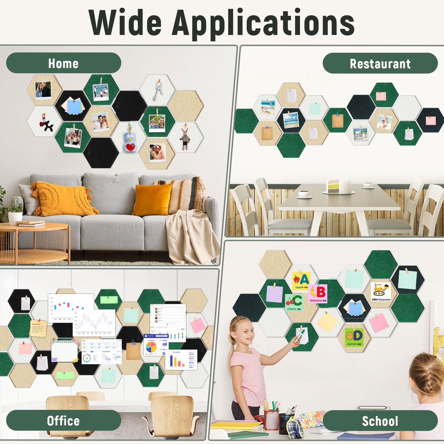 16Pcs Hexagon Felt Cork Board Tiles Self Adhesive Hexagon Wall Tiles with 60 Push Pins 20 Wooden Clips DIY Bulletin Board Pin Boards for School Office Home Photos Memos Display (Green Brown)