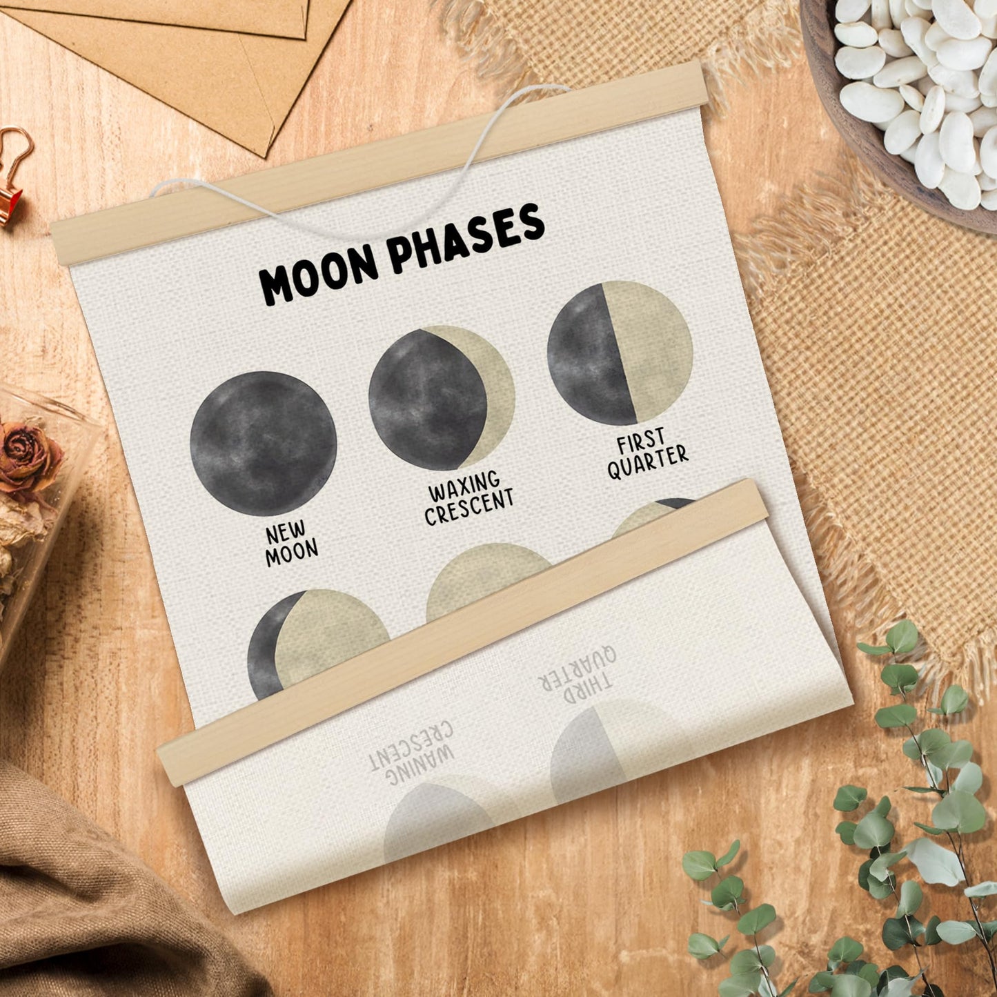 MOTERMATE Moon Phase Wall Decor Poster, Boho Moon Wall Art, Educational Learning Preschool Canvas Poster Hanger Frame, Homeschool Celestial Wall Hanging Banner Decor for Classroom Toddler, 12x16 Inch