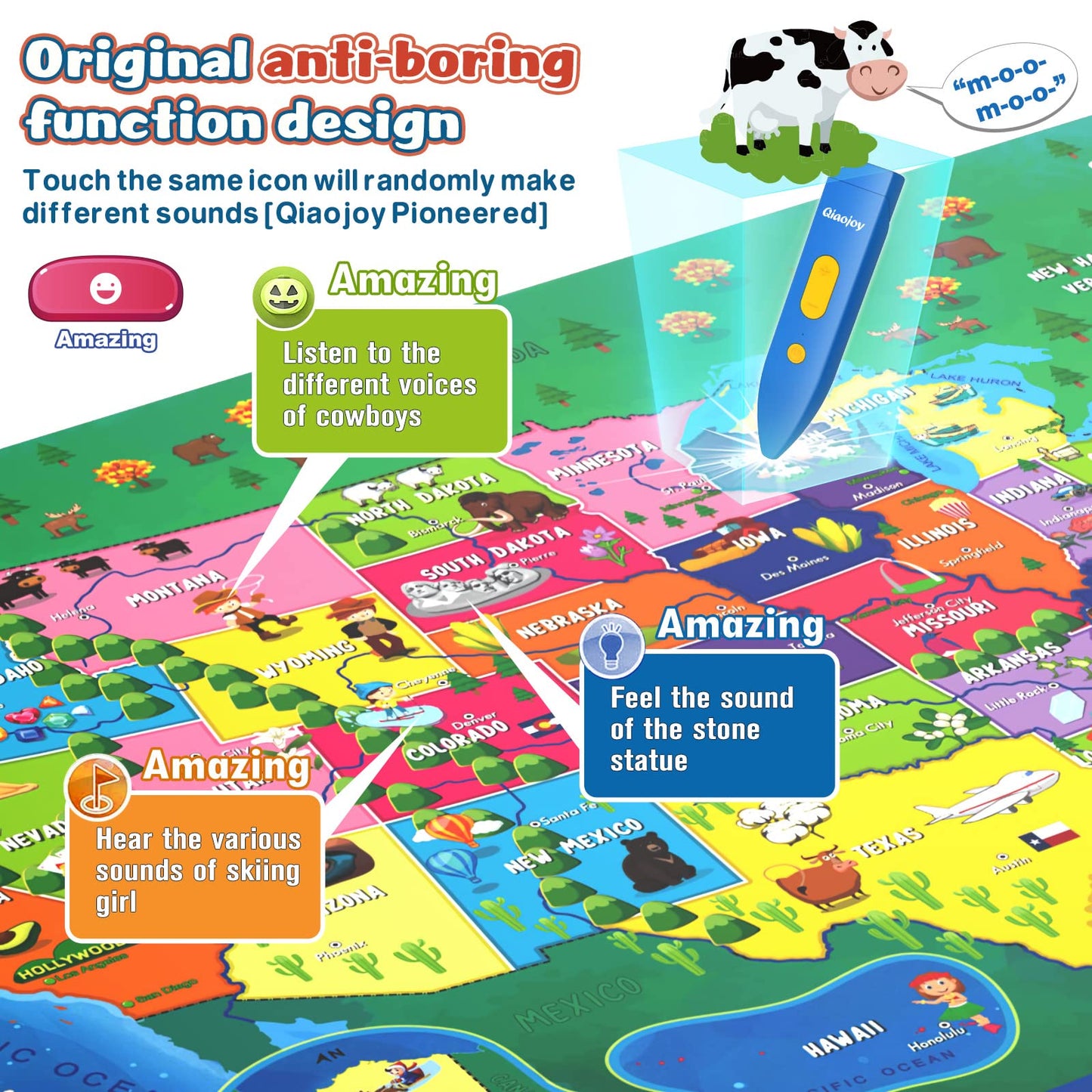 Qiaojoy Bilingual Interactive for Kids Talking USA Map for Kids Learning, Geography Toys Games Educational Electronic Map Christmas Personalized Gift/Toys for 4 5 6 7 8 9 10 Year Old Girls/Boys