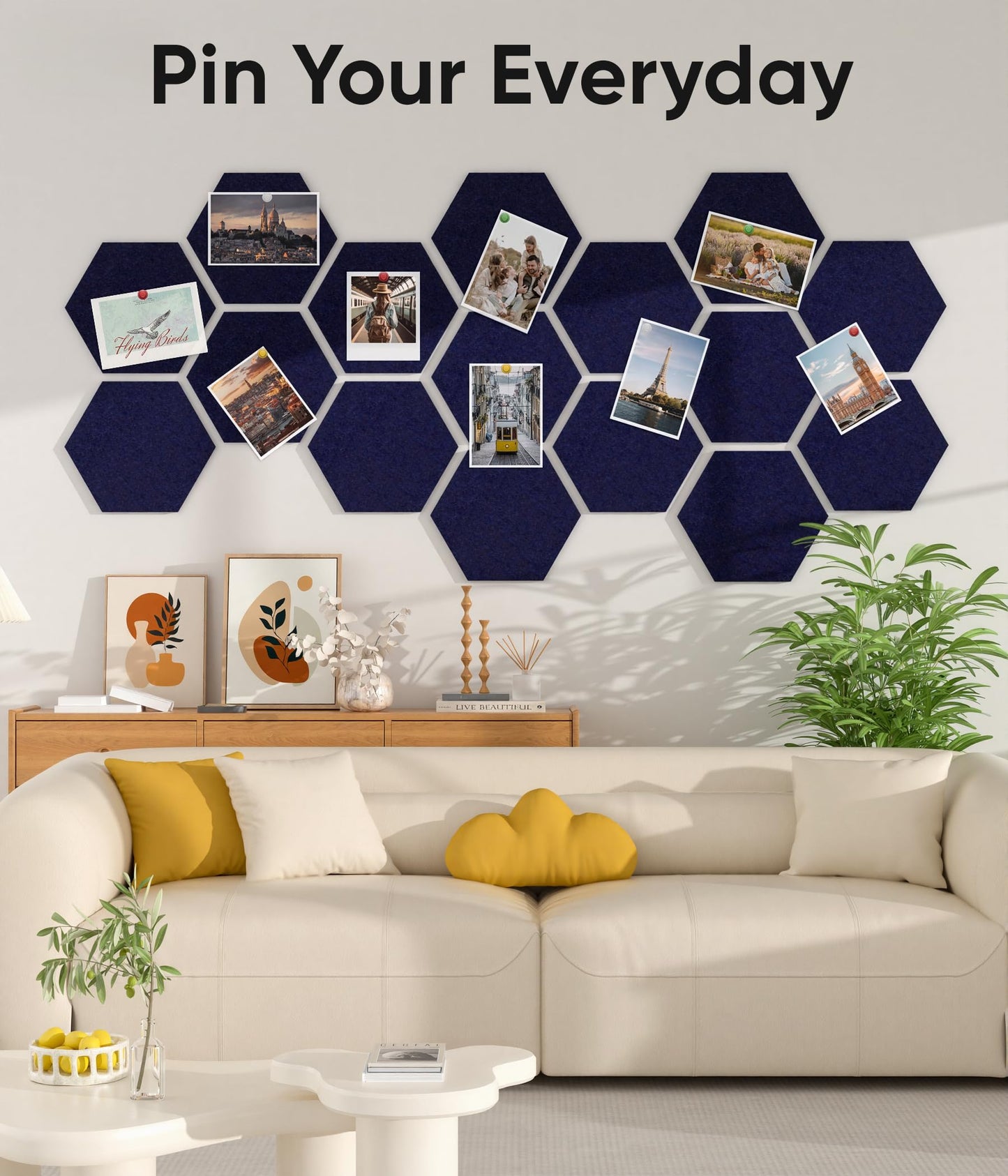 Toptople 12 Inch Large Hexagon Cork Board for Walls, 8 Pack Felt Bulletin Board Tiles, Pin Board with Push Pins for Office Photo and Note, Navy Blue