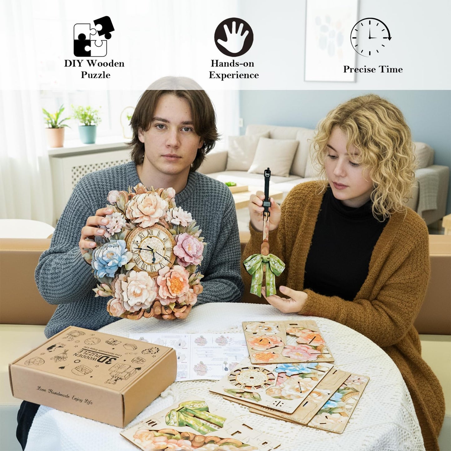 Rnfinewow 3D Wooden Puzzles for Adults, Flower Clock with Pendulum Model Kit, 3D Puzzles for Adults Room Home Decor DIY Wall Clock Kit, Holiday Birthday Christmas Day Gifts for Men Women