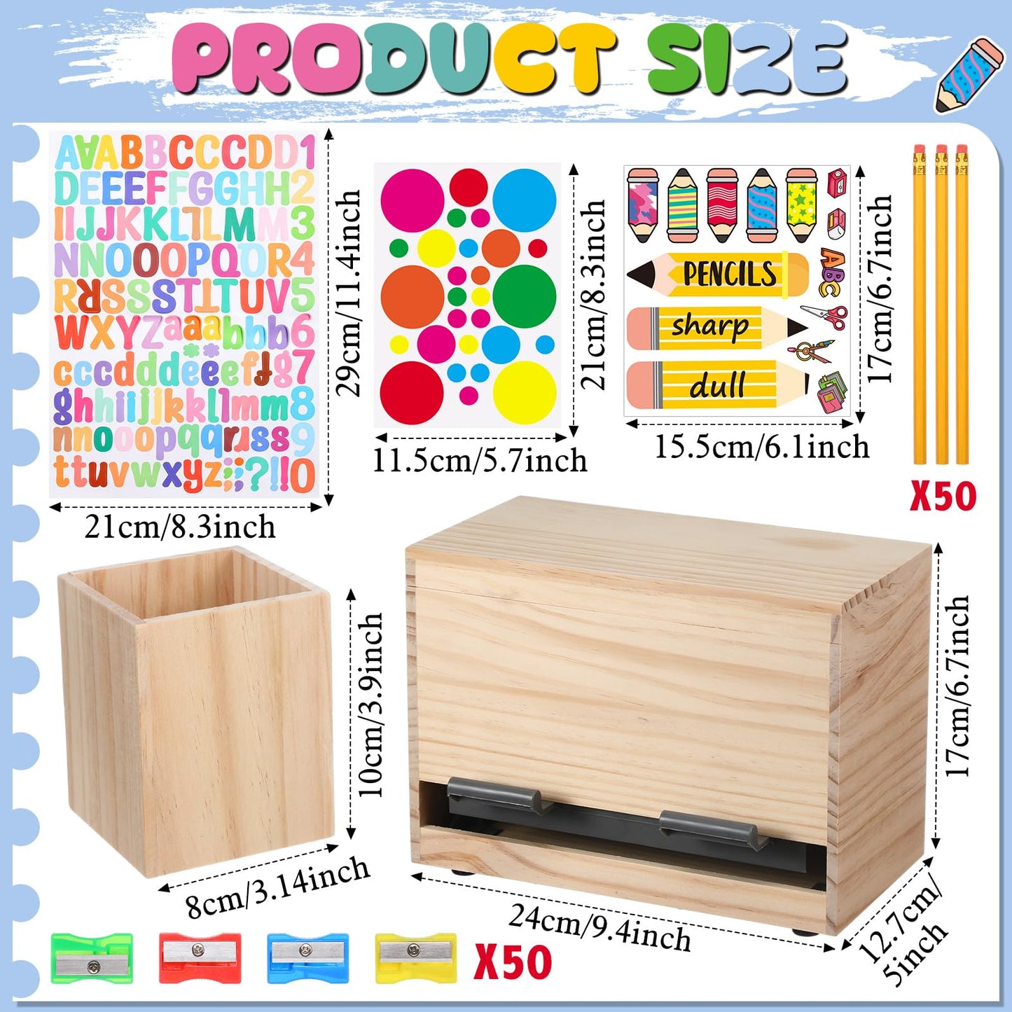 Watersay 108 Pcs Pencil Dispenser Kit for Classroom Wooden Sharp and Dull Pencil Holder 50 Pencils 50 Sharpener 6 Sticker Classroom Teacher Must Have Straw Dispenser for Back to School(Wood Color)