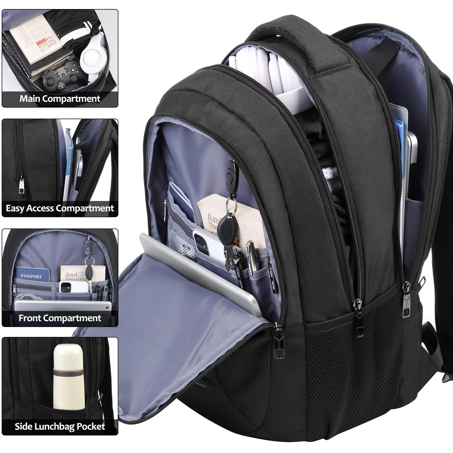 Backpack for Men and Women, School Backpack for Teens, Black Backpack for Boys with USB Charging Port Fits 15.6 Inch Laptop, Water Resistant Travel College Bookbag