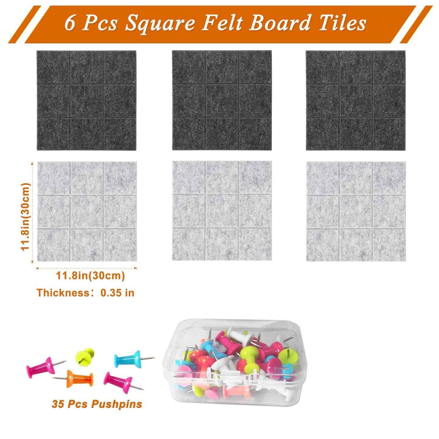 HULAVO Large Square Felt Cork Board Tiles, Self Adhesive DIY Felt Bulletin Board with 35 Pushpins for Office School Home Wall Decor Stickers Memos (Deep & Light Grey)
