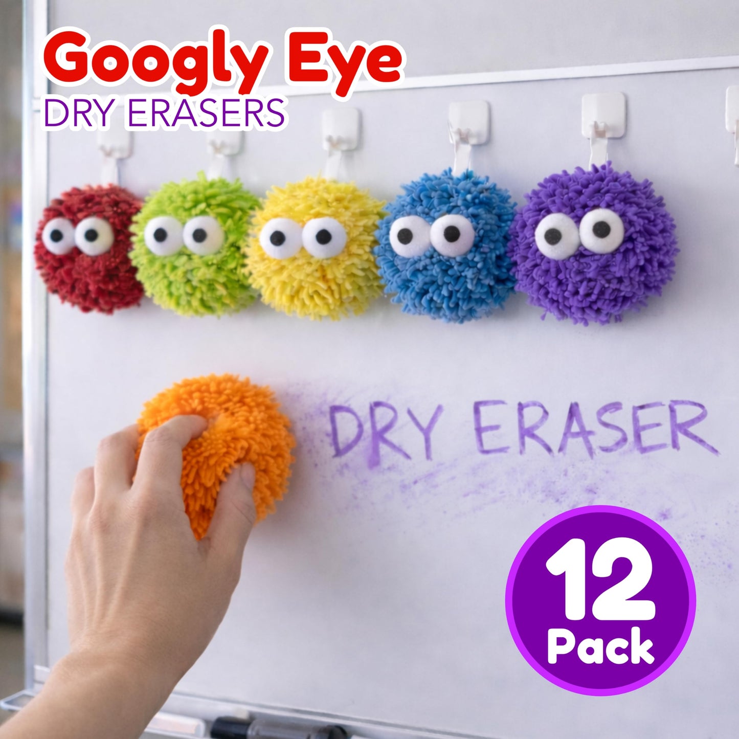 4E's Novelty 12 Pack Googly Eye Dry Erase Board Erasers Bulk - Microfiber Shag Washable Multicolor Whiteboard Erasers for Teachers Kids, Back to School Classroom Supplies School Essential