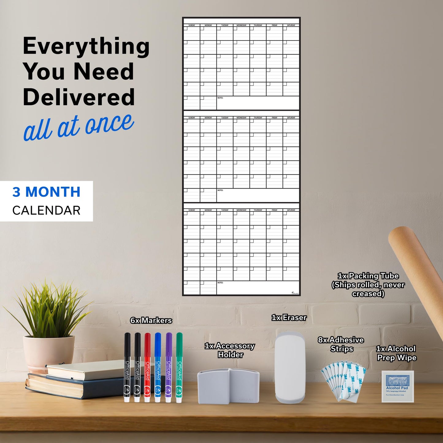 3 Month Dry Erase Calendar for Wall 40x17, Large Three Monthly Reusable Planner, Big Dry Office Erase, Rolled Whiteboard White Board, Classroom Calendar Undated Giant for Wall Erasable Family
