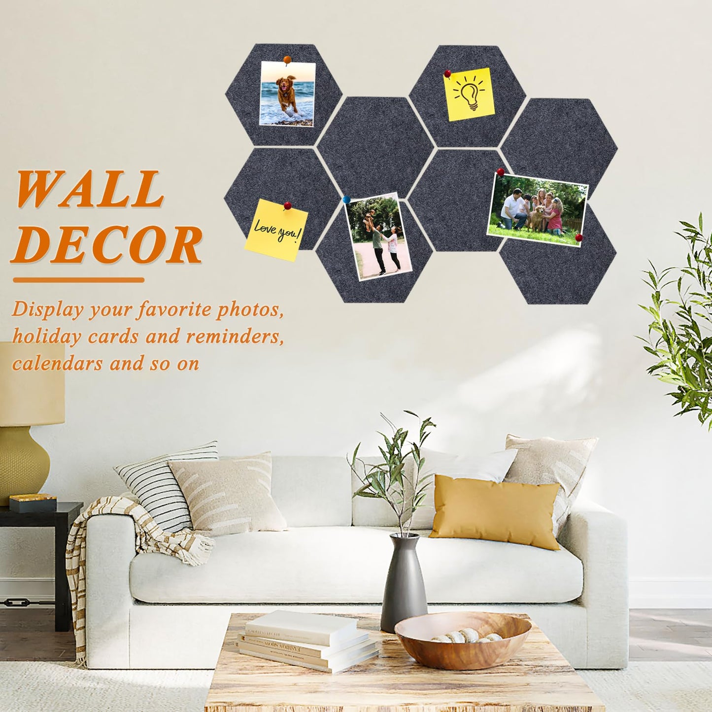 HULAVO 8 Pcs Hexagon Felt Cork Bulletin Board Tiles, Self Adhesive DIY Bulletin Board Pin Board for Office School Home Wall Decor Memos Photos Display(Deep Grey)