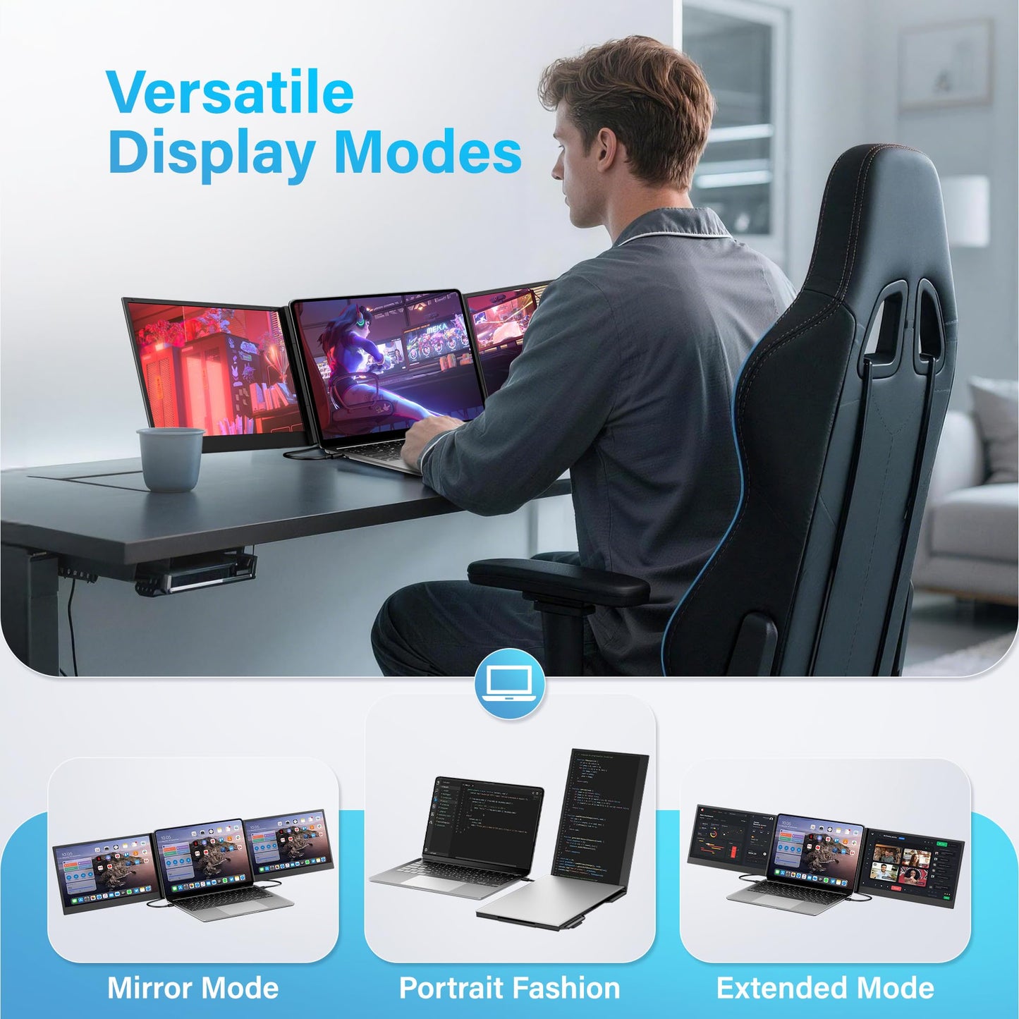 Screnex 15.6" Laptop Screen Extender New Upgraded Ultra-Thin & Light, Triple Portable Monitor 1080P FHD IPS, USB-C/HDMI Plug & Play for 13-17.3" Laptop, Travel Monitor Extender for Windows/Mac/Chrome