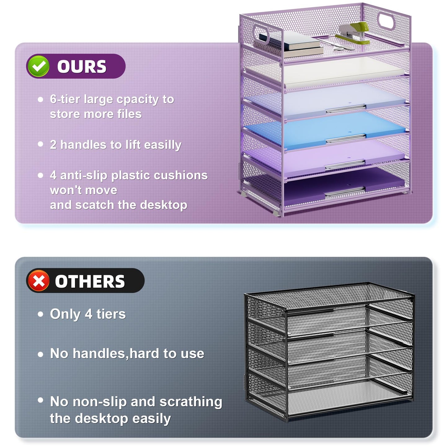 Marbrasse 6 Tier Paper Organizer Letter Tray - Mesh Desk File Organizer with Handle, Paper Sorter for Letter/A4 Office File Folder Holder - Purple