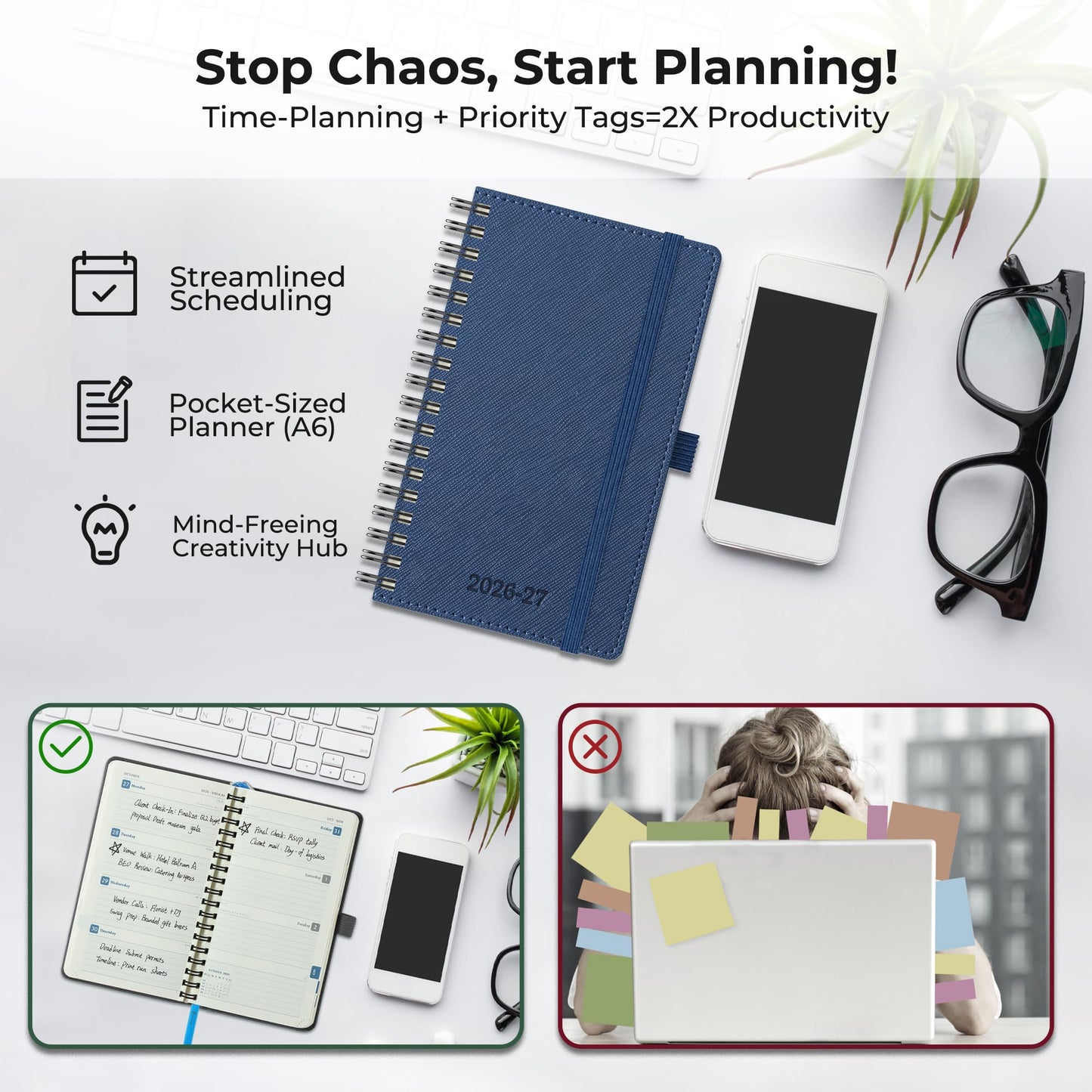 IN-LUXPRO Planner 2026-2027 Daily Weekly and Monthly,6.5"x3.75",18 Months Spiral Bound Calendar Agenda with Self-adhesive Pen Holder,2026 Academic Plan with Vegan Leather Soft Cover,Blue