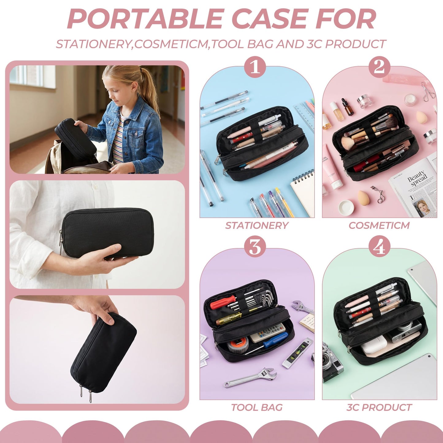 Della Gao Large Pencil Case, Big Capacity Pencil Pouch with 2 Compartments, Office Pencil Bag with Zipper, Big Pen Case for Adults (01-Black)