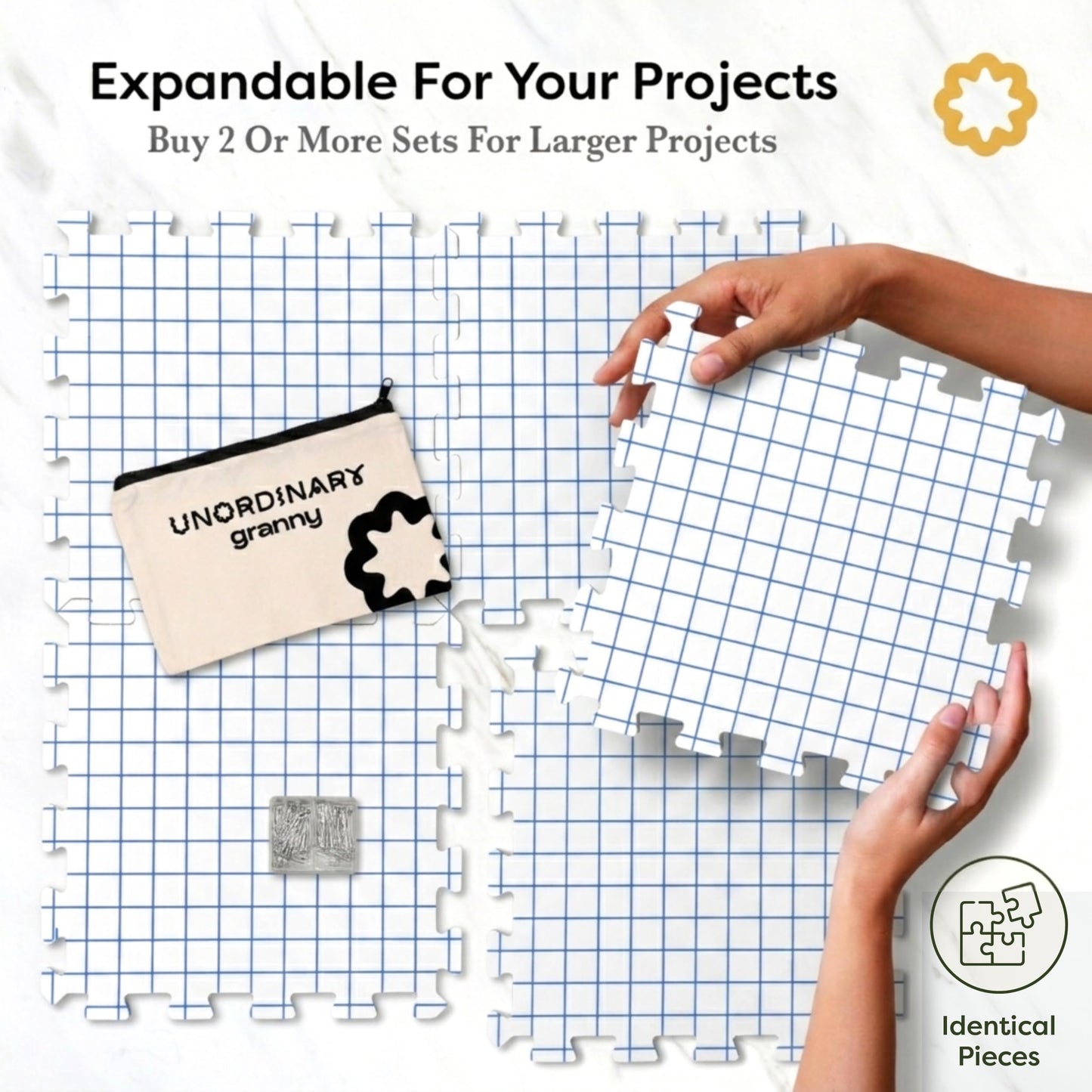 Unordinary Granny Crochet Blocking Board Set – 9 Extra Thick Interlocking Mats with Grid, 150 T-Pins, Felt Storage Bag and Cotton Pouch (Soft White)