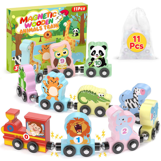 11 Pcs Magnetic Train Set Montessori Toys for 1 2 3 Years Old Toddlers Boys Girls, Wooden Animals Preschool Learning Activities Educational Sensory Toys Birthday Gifts Ages 1-3, 2-4