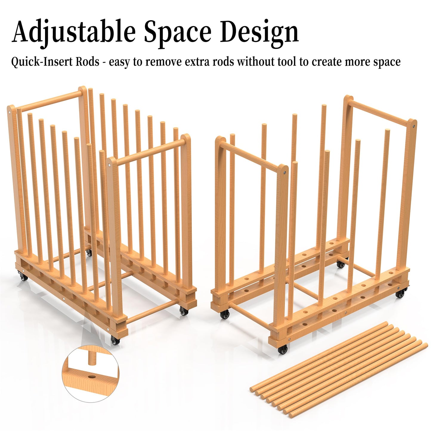 Tredre Art Storage Rack with Double-Handles & Wheels, Beech Wooden Canvas Storage Stand, Art Drying Rack with Quick-Insert Rods for Drawing Board, Panel, Paper Pad for Art Studios, Artworks, Gallery