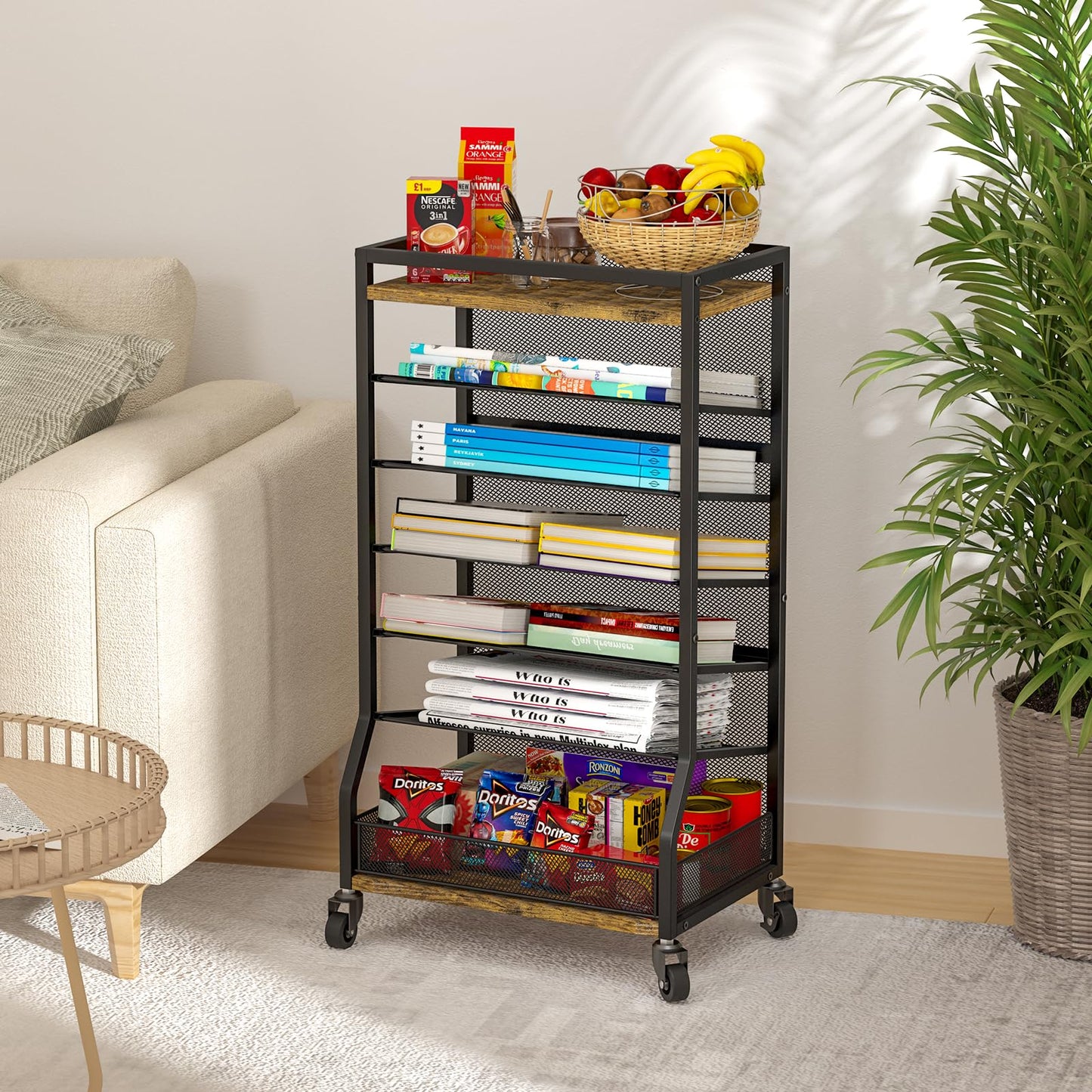 ThreeHio 7 Tier Rolling File Cart with Sliding Trays, Wood Metal File Organizer Beside Desk, Free-Standing File Holder, Paper Letter Tray Organizer Mesh Desk Organizer for Home Office School (Patent)