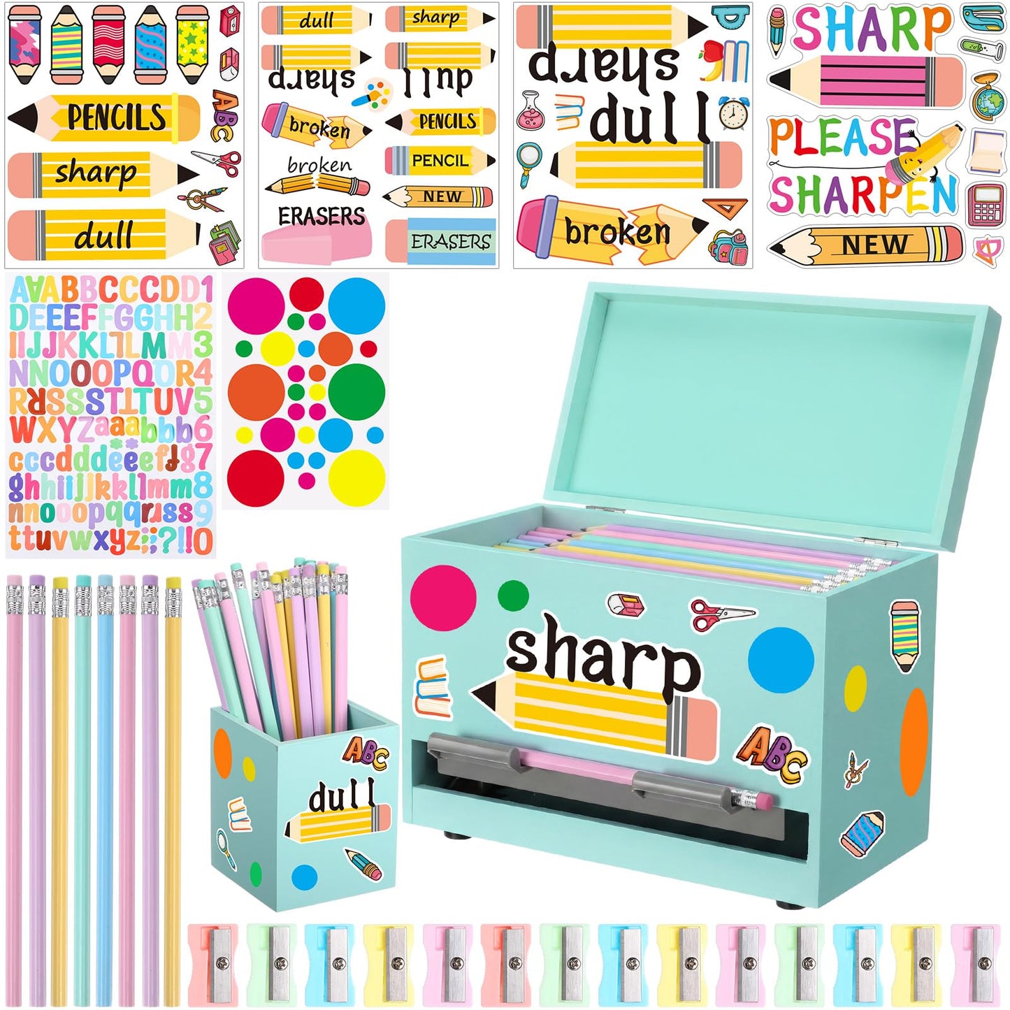 Watersay 108 Pcs Pencil Dispenser Kit for Classroom Wooden Sharp and Dull Pencil Holder 50 Pencils 50 Sharpener 6 Sticker Classroom Teacher Must Have Straw Dispenser for Back to School(Light Green)