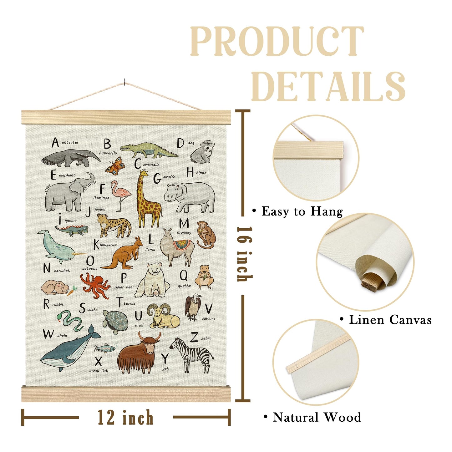 BCUANGD Alphabet Educational Wall Decor - Neutral Ocean Coastal Animals Poster Hanger with Wood Frames Set of 2, Kids ABC Numbers Wall Hanging Canvas Decor for Home Playroom Kids Room, 12x16 Inches