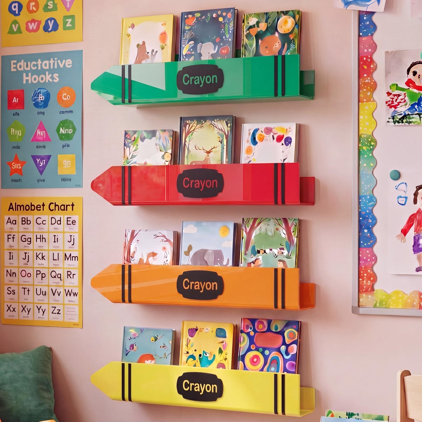Sabary 4 Set 17 Inches Crayon Acrylic Magnetic Book Shelf for Whiteboard Crayon Classroom Decor Bearing Magnetic Books Display Holder for Teacher Classroom School Office