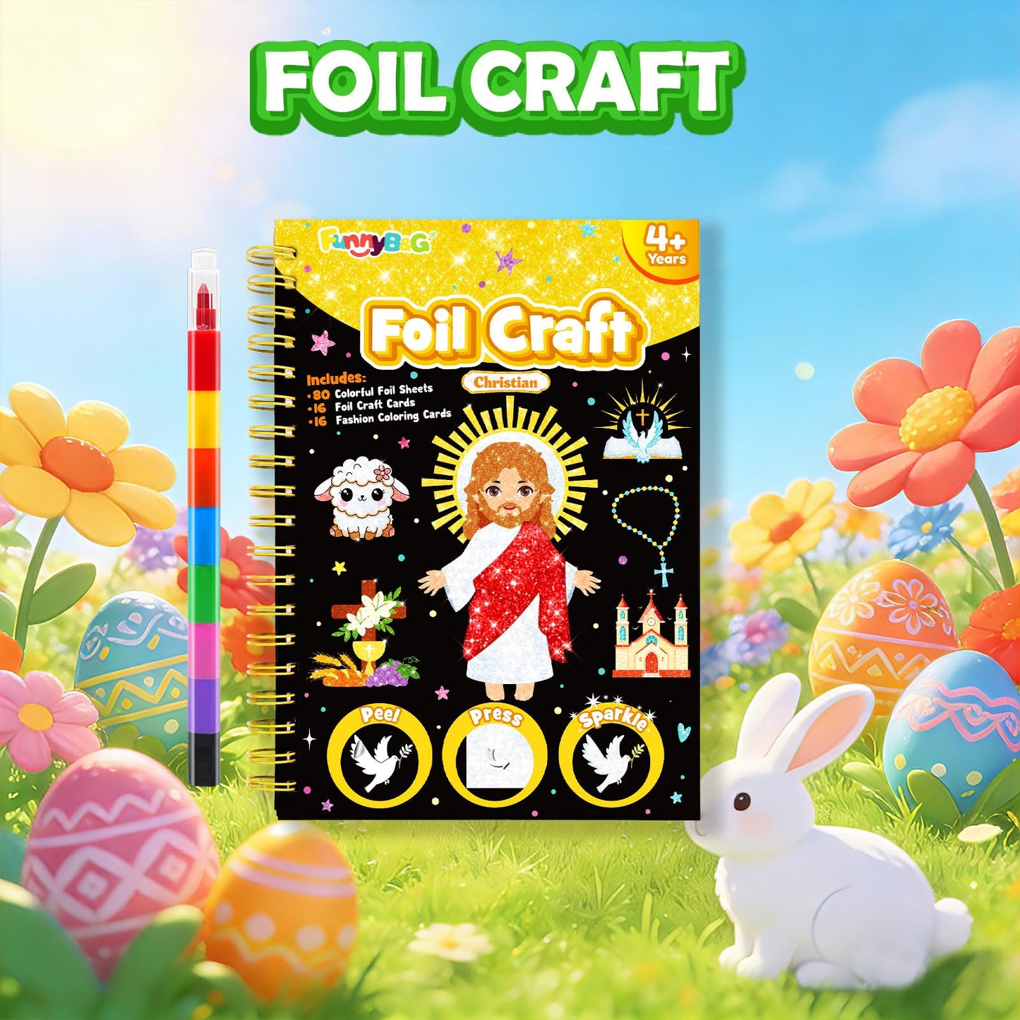FUNNYB&G Foil Art Craft Kit for Kids 4-10 Years Old: Mess-Free & No-Glue, Create 16 Sparkly Christian Pictures – Perfect Travel Toy & Birthday Gift for Kids (Christian)
