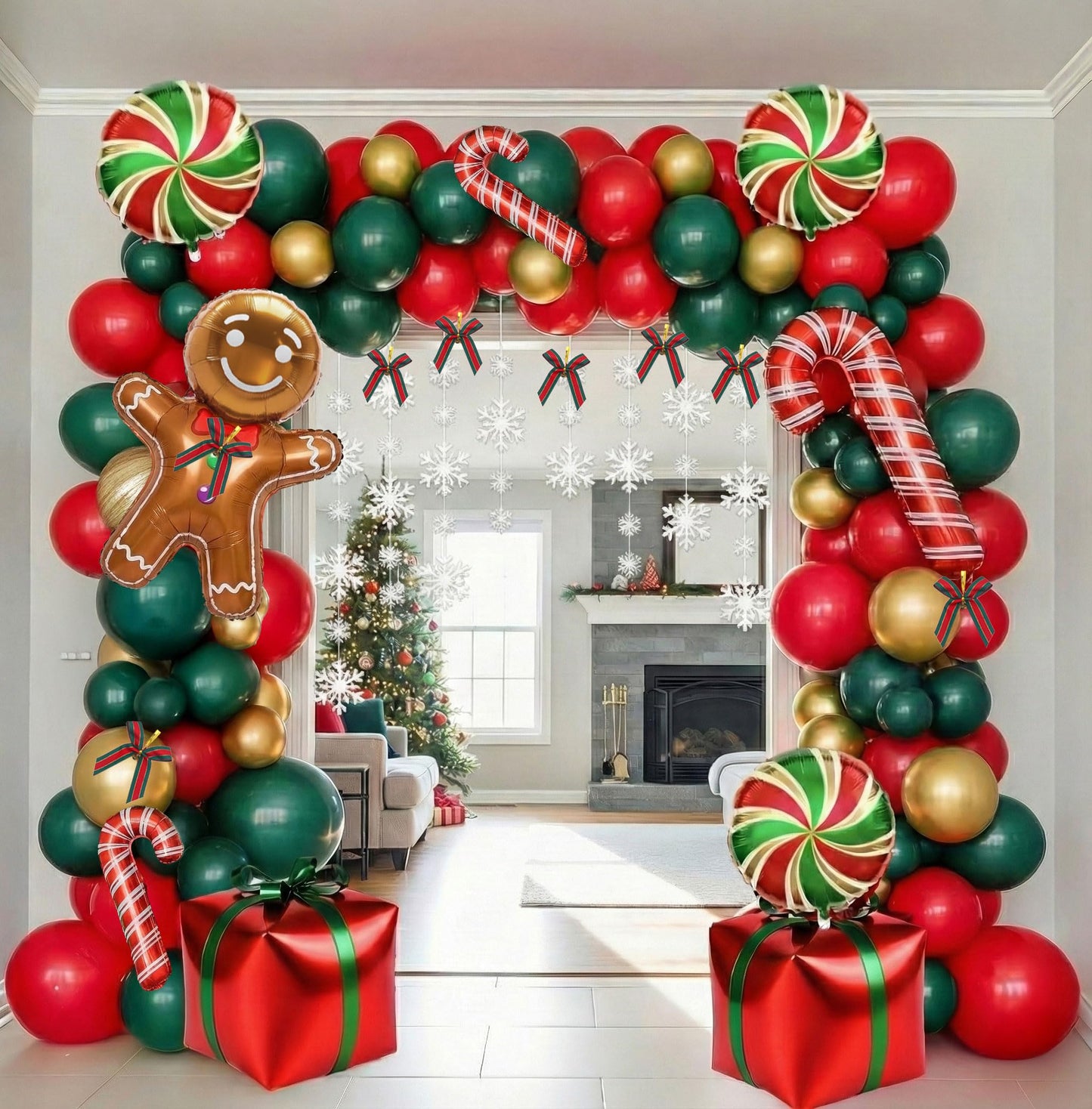 Christmas Balloon Garland Arch Kit with bow Xmas Gold Red Green Balloons Candy Cane Gift Box Gingerbread Man Foil Balloons for Christmas New Year Birthday Party Decorations