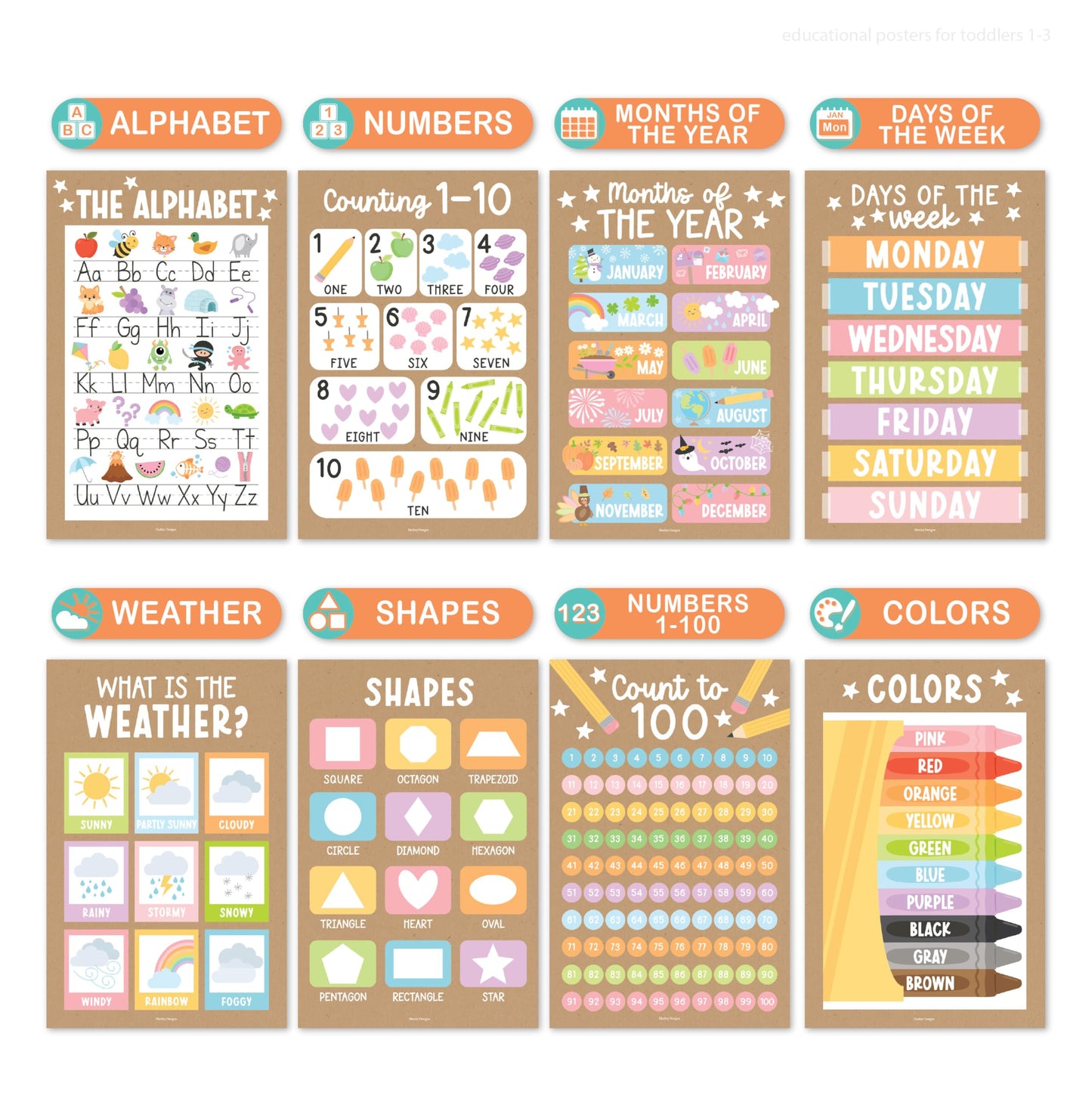 Hadley Designs 16 Educational Posters for Classroom Must Haves - Laminated Pre-K Posters for Toddler Homeschool Essentials, Toddler & Preschool Learning Activities, Kindergarten Classroom Decor