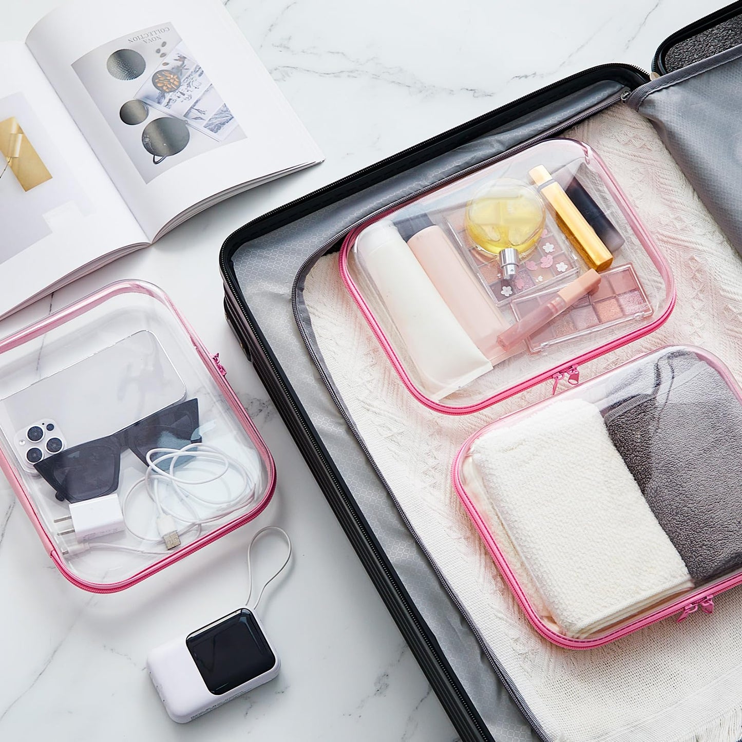 Hoolerry 3 Pcs Clear Hard Zipper Case Hard Plastic Zipper Pouch Makeup Bag Portable Travel Organizer for Cosmetics, Office Supplies, Documents & Toiletries(Pink,M)