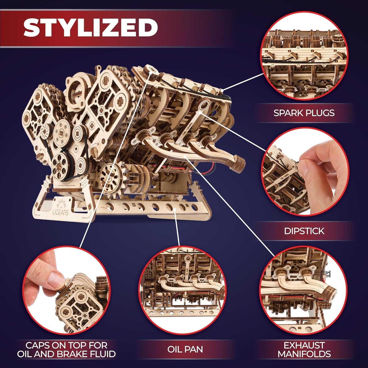 UGEARS V8 Engine Model Kit - 3D Wooden Puzzles for Adults, 3D Puzzle Model Engine Kit, DIY Kits Gifts for Engineers for Fathers Day, Wooden Model Kits for Adults to Build, Brain Teaser Hobby Set