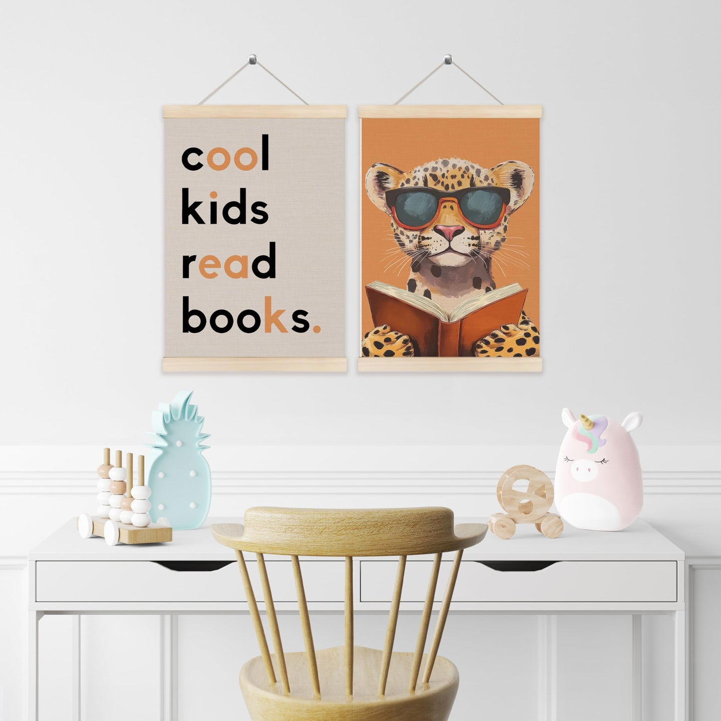 Koesus Trendy Leopard Read Book Wall Art Poster Hanger Frame 12x16 Inch Set of 2, Cool Kids Read Books Canvas Pictures Prints Framed Wall Decor for Library Reading Nook Corner Kids Room Classroom