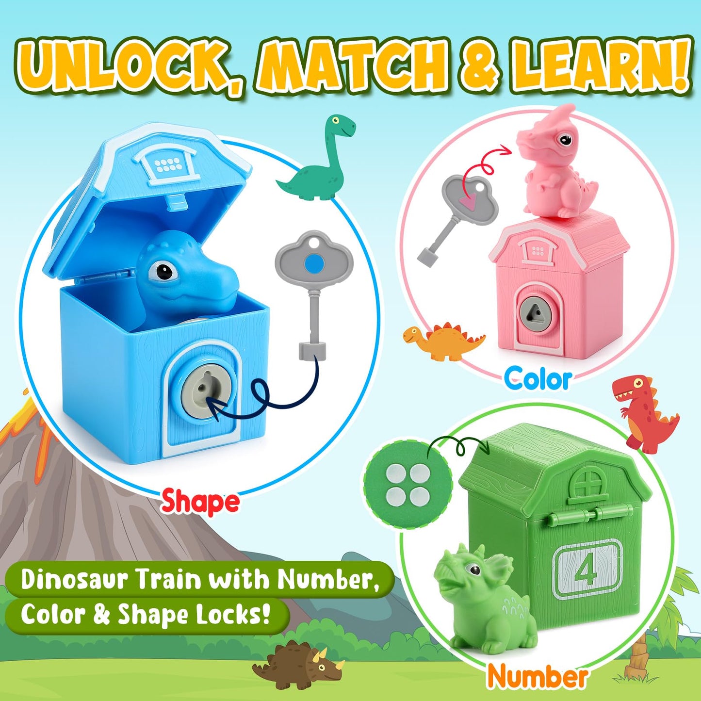 Toddler Montessori Learning Toys for 2 3 4 5 Year Old Boys, Kids Dinosaur Train Matching Toys with Locks & Keys | Counting & Sorting Trains Set, Preschool Toy Boy Girls Birthday Gifts Ages 2-4 3-5