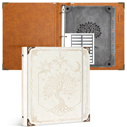Ospelelf 3 Ring Binder 1 Inch Leather Vintage Hardcover Binder Dividers with Tabs for Letter Size 8.5"x11" Paper, Binder with Pockets for Photo Album, Document Organizer and Family History, White Tree