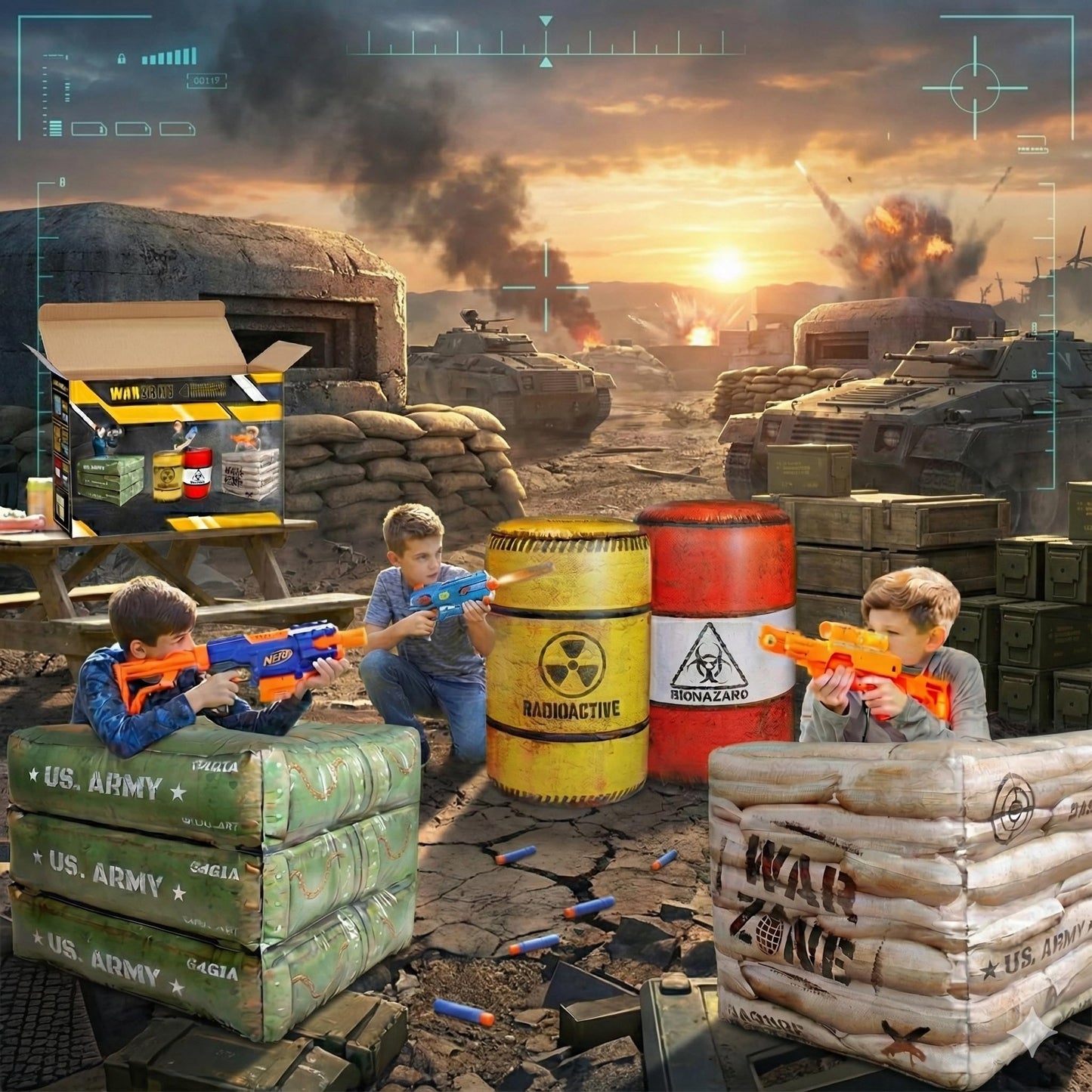 12-Piece Inflatable Combat Battlefield Set — Includes 6 Barrels, 3 Army Boxes, 3 Sandbag Barricades for Laser Tag, Water Gun, Dart Blaster, and Action-Themed Parties