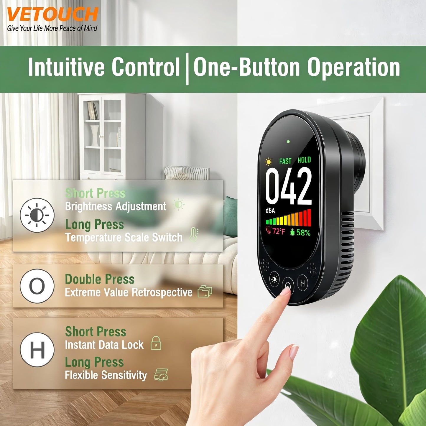VETOUCH Plug-in Noise Meter Digital Sound Level, 3 in 1 Decibel Meter with Temp Humidity, 30-130dB Portable SPL, AC Powered, Data Hold, Max Min, Fast/Slow, 1.83" LCD, Meter for Home RV