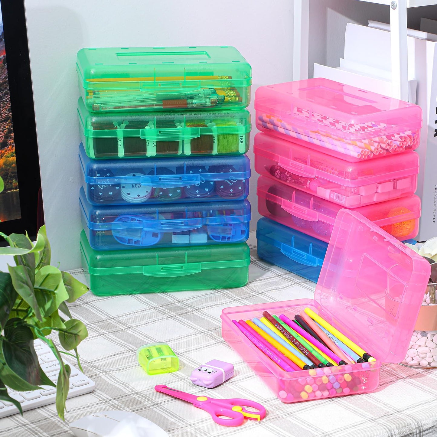 Fainne 24 Pack Pencil Boxes for School Clear Plastic Pencil Case Large Plastic Crayon Box Bulk Stackable Classroom Stationery Organizer School Supplies(Red, Blue, Green)
