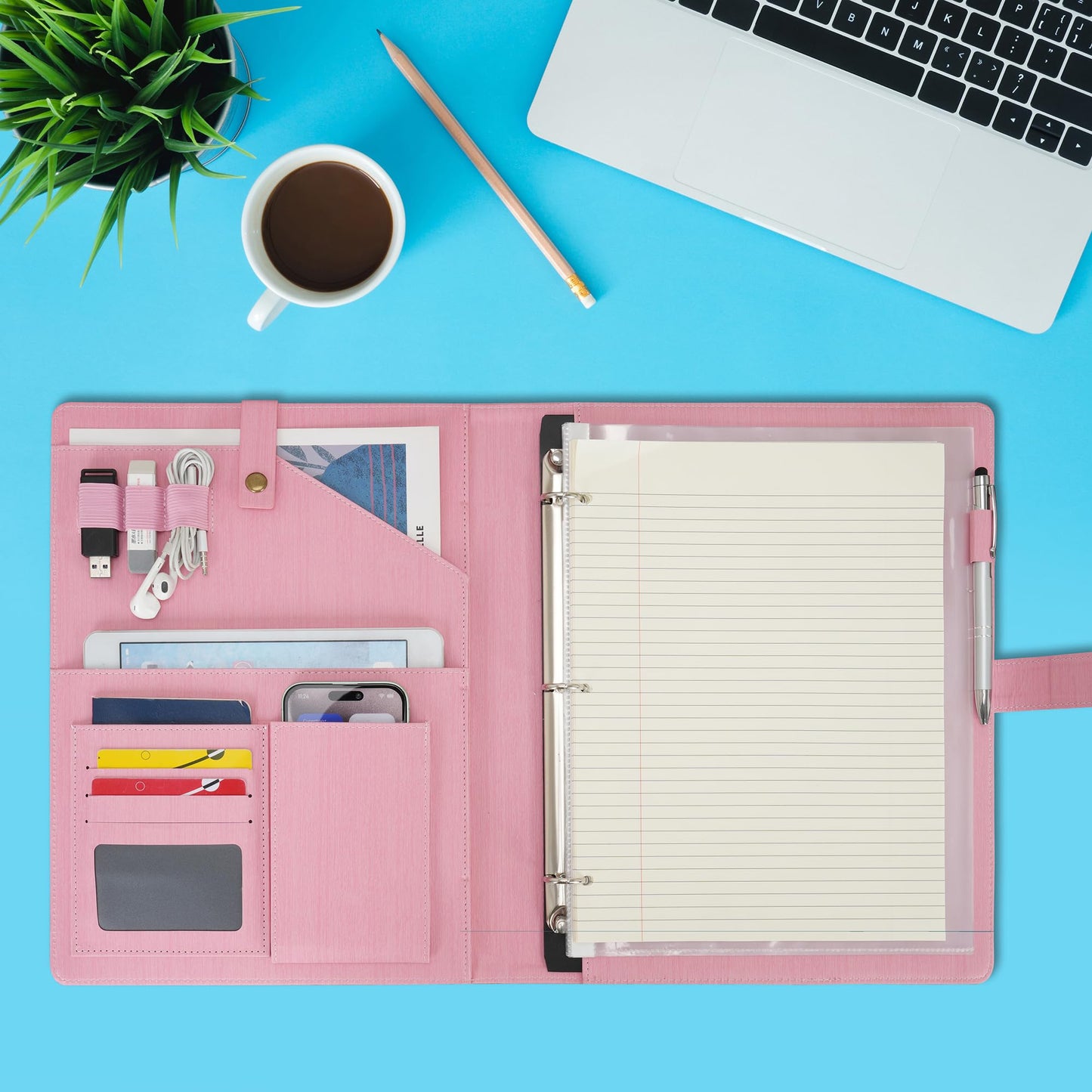 Wonderpool A4 PU Leather Portfolio Holder Ring File Document Case with Removable Binder Clipboard, Multi Pocket and Legal Pad for Business Organizer Interview and Meeting (Pink)