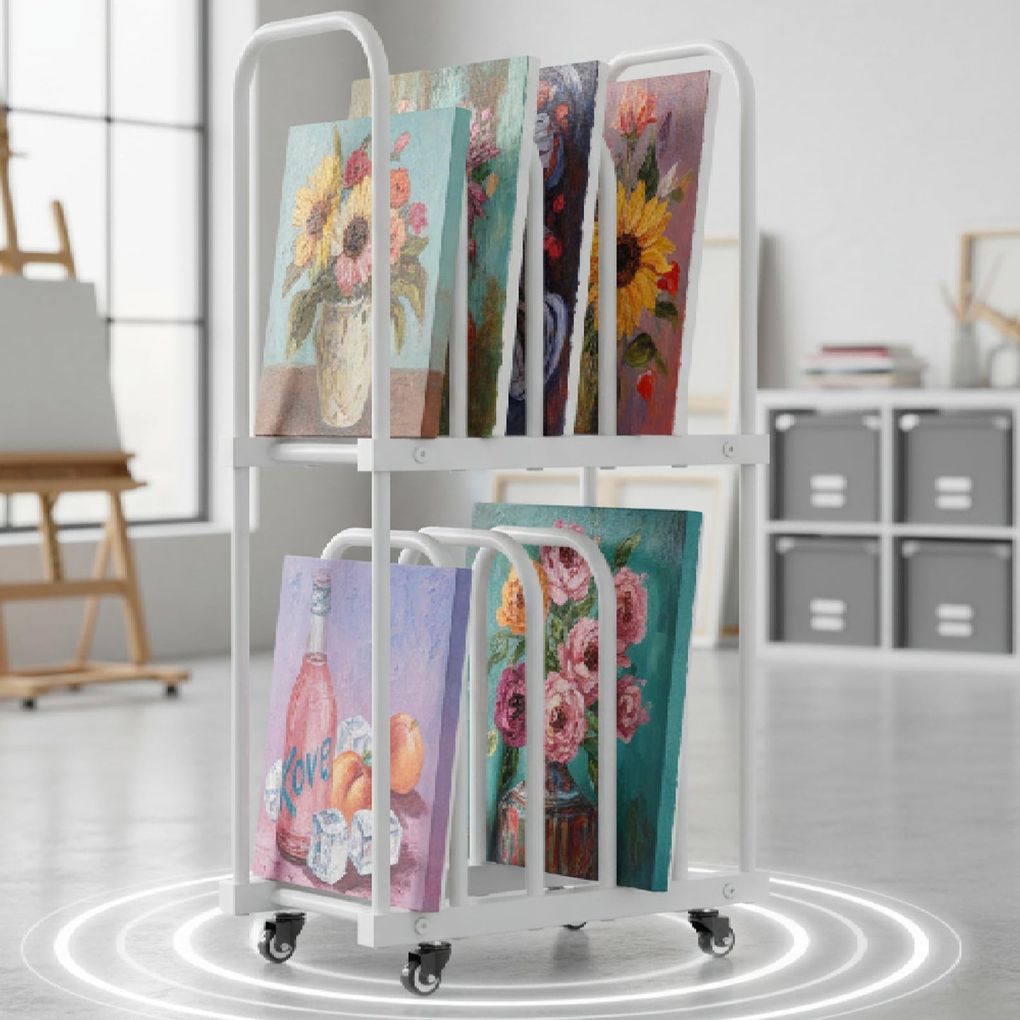 BERPET Art Storage Rack with Wheels, Double-Tier Adjustable Metal Drying & Display Stand for Canvas, Boards, Prints, and Artwork – Heavy-Duty Mobile Organizer for Studio, Classroom