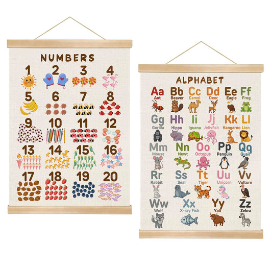 Alphabet and Numbers Chart Poster Set of 2, Alphabet Numbers Wall Art 14x18.5inch,ABC Banner Posters, Banner Wall Hanging Decor for Toddler Room Playroom Nursery Wall Classroom Decor (Purple ABC&123)