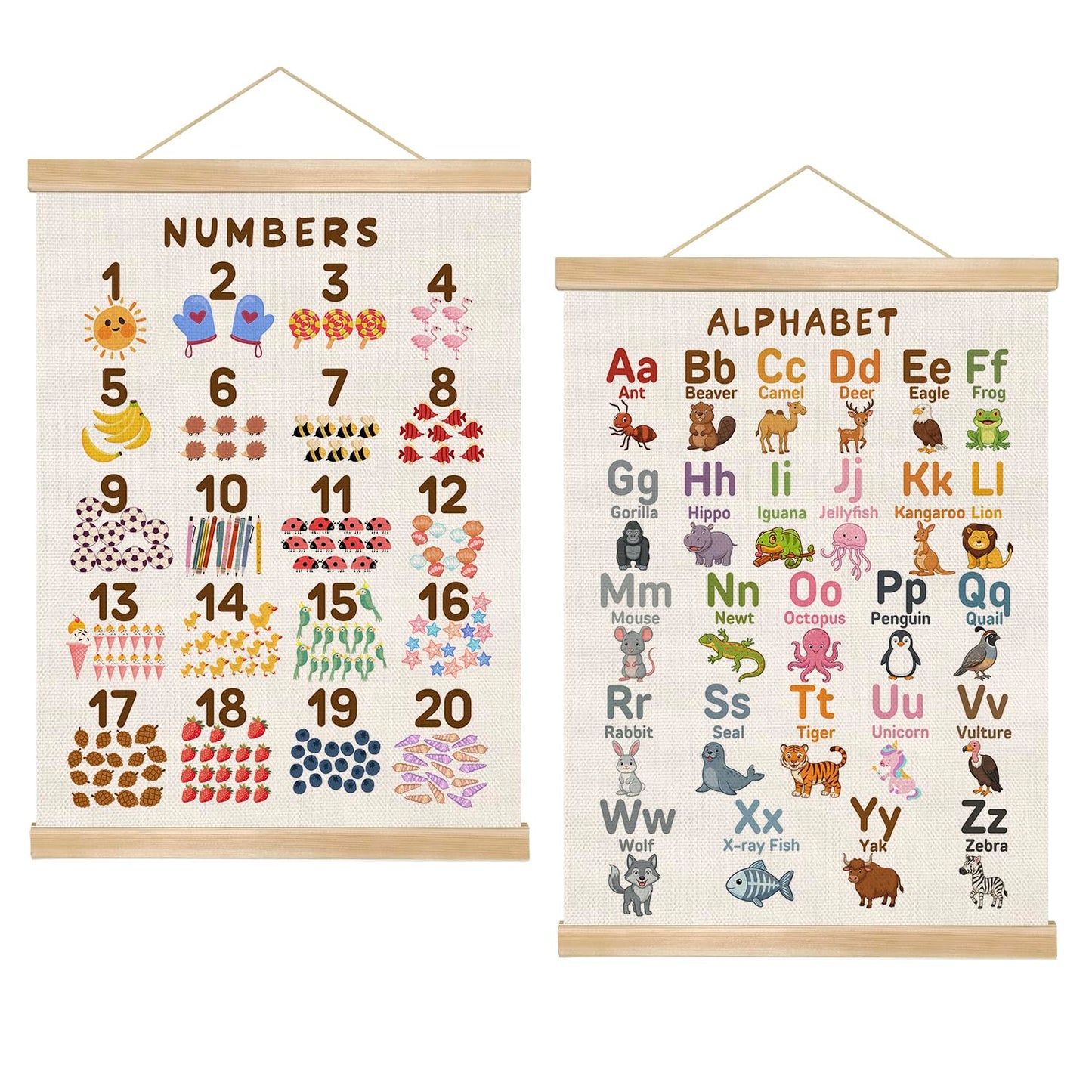 Alphabet Numbers Wall Art Poster Set of 2 ,Boho Educational Canvas Posters for Classroom,1-6 Toddlers ABC and 1-20 Number Learning Banner for Preschool Nursery Playroom,Kids Room Decor 14x18.5 Inch