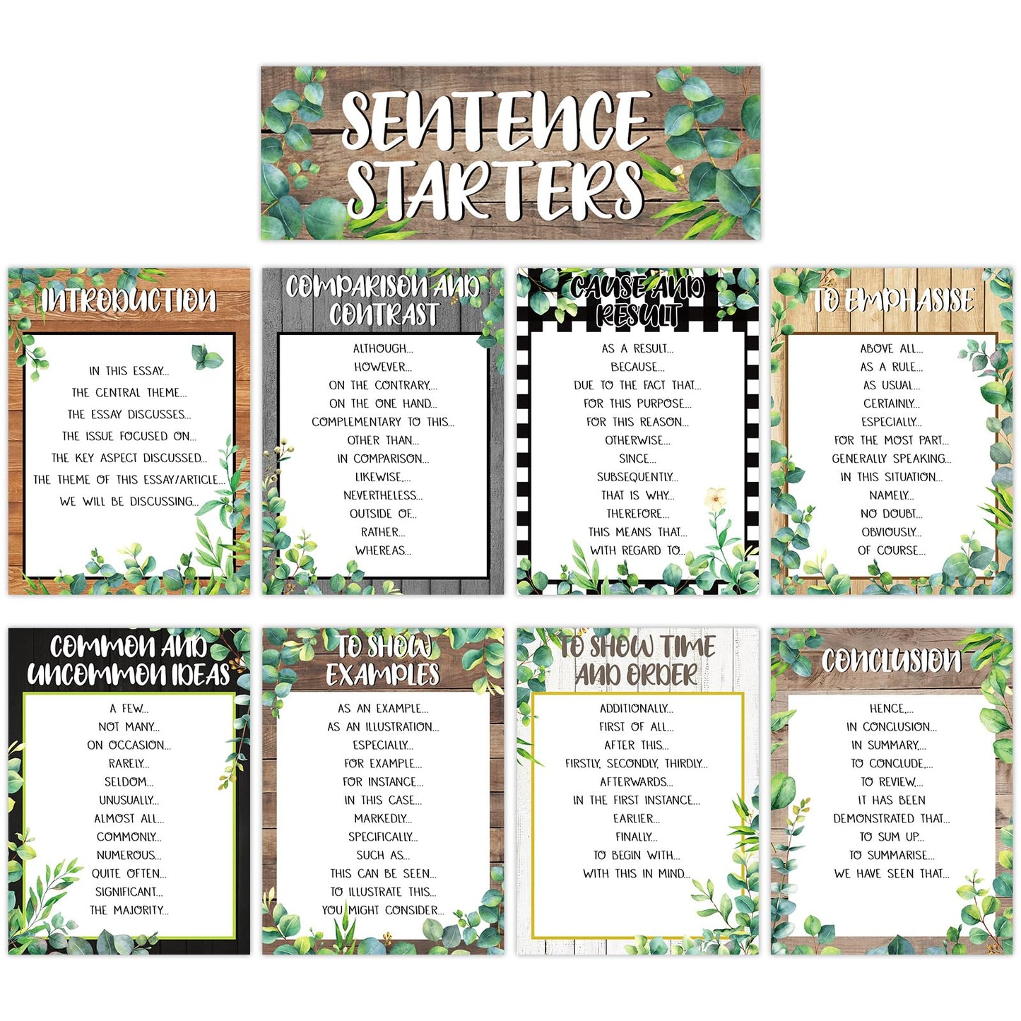 Dunzoom 9 Pieces Sentence Starters Posters Descriptive Vocabulary Classroom Educational Posters English Grammar Chart Bulletin Board Decoration for Middle High School Classroom(Greenery Style)