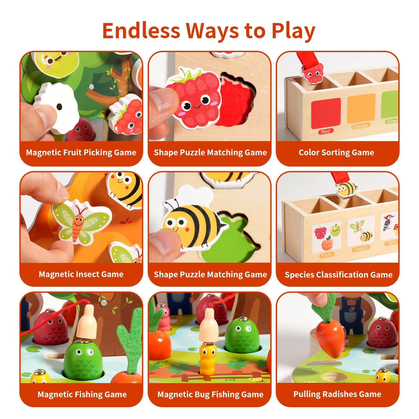 INIFEIDALA Montessori Toys for 3 4 5 Year Olds | Birthday Gifts for Boys & Girls, Wooden Educational Toddler Toys, Shape Sorting, Carrot Harvest & Magnetic Fishing Game – Fine Motor Skills Development