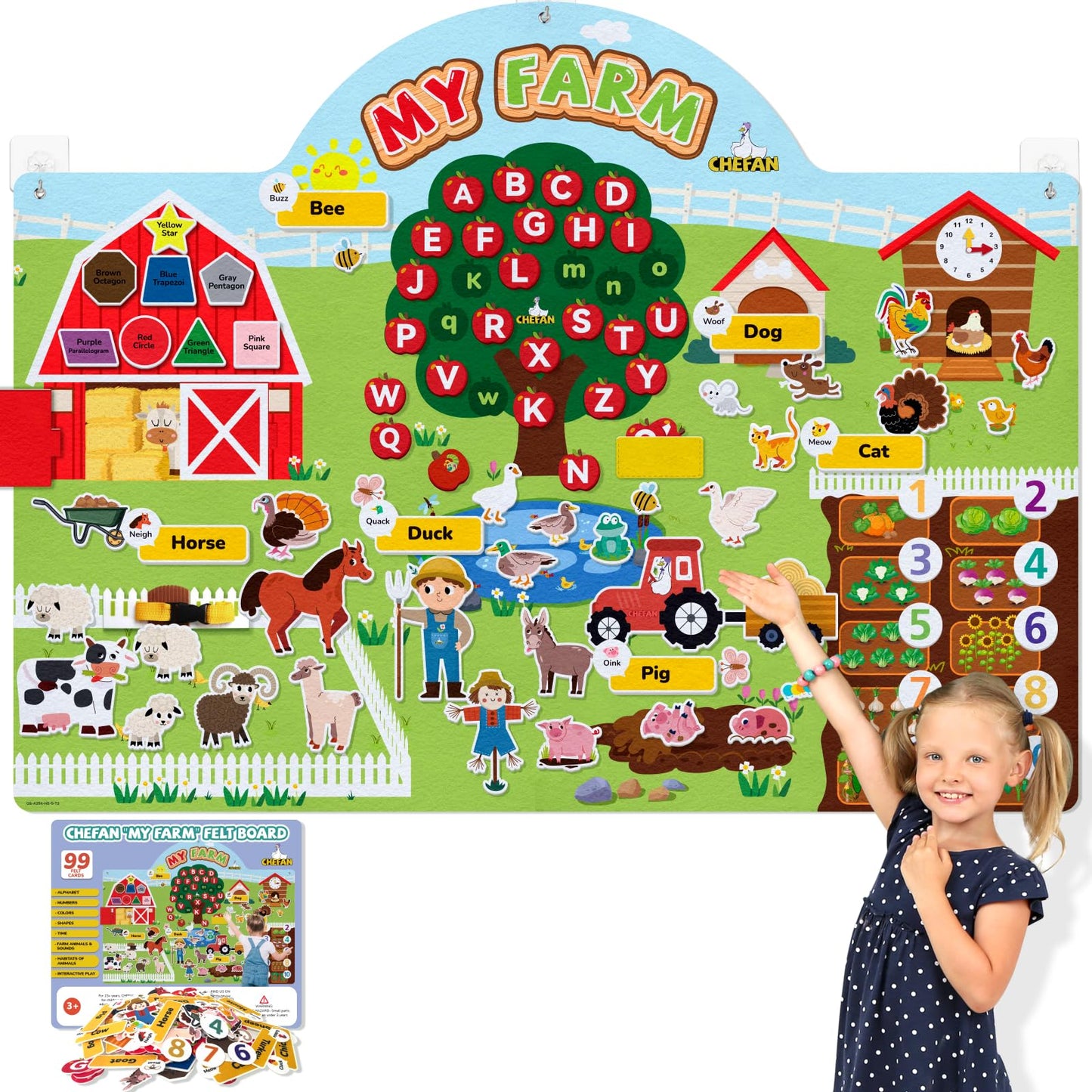 CHEFAN 99 Pcs Farm Animals Felt Story Board Set, 3.9 Ft Preschool Farmhouse Barnyard Theme Flannel Board Storytelling Early Learning, Interactive Wall Hanging Play Set for Toddlers Kids Children