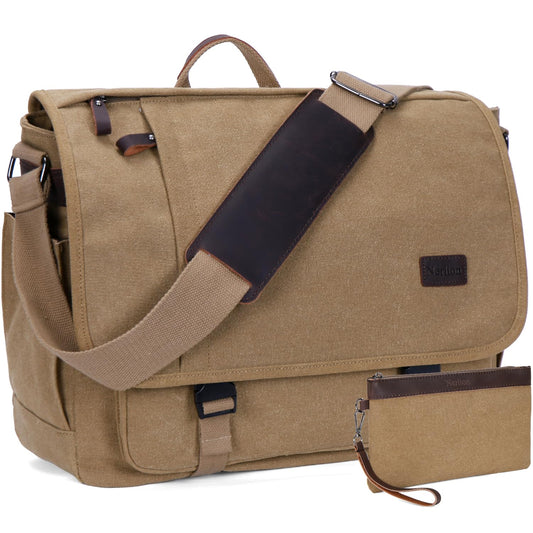 Nerlion Messenger Bag for Men 17-17.3 Inch Laptop Bag Canvas Water-resistant Computer Bag Shoulder Bag Work Briefcase Bookbag for College (Brown)
