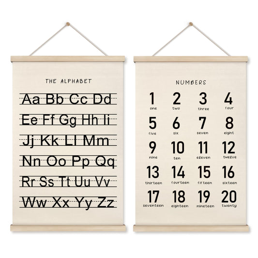 HRQKO Alphabet Numbers Poster Hanger Frame Set of 2, Nursery Wall Decor, Black ABC Poster Wall Art with Wooden Frames, Alphabet Banner Wall Hanging Decor for Boy Toddler Room Playroom, 16x24 inch