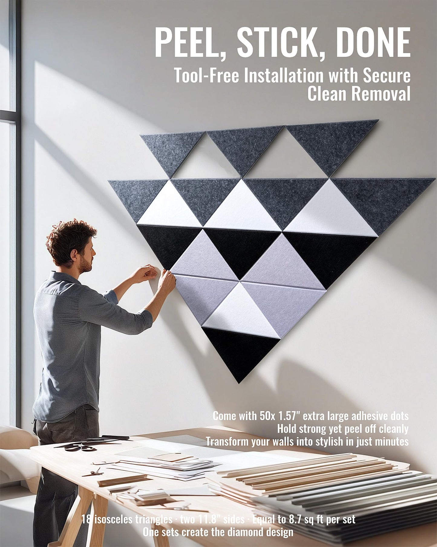 PebblingQ Felt Wall Tiles Bulletin Board, Modular Decorative Panels for Home Office, Kids Room, Classroom, DIY Geometric Design, Creative Photo Display Board, 18 Pack 11.8" Triangle Tiles(Ether)