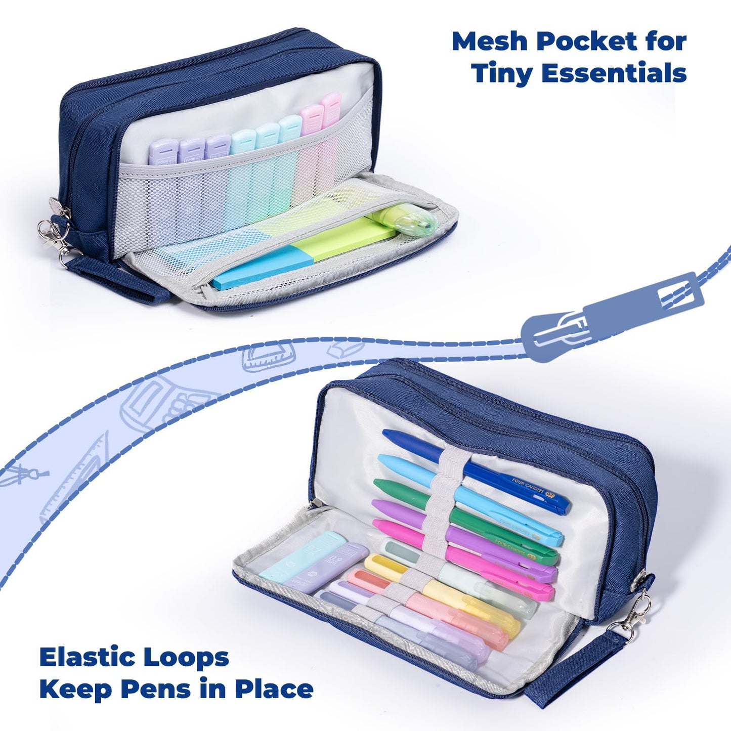 Four Candies Blue Pencil Case 3 Compartment Pouch, Large Pencil Case for School, Girls, Teen Boys, Women, Dark Blue, Removable Handle & Zipper, Cute Pencil Bag for Office, College