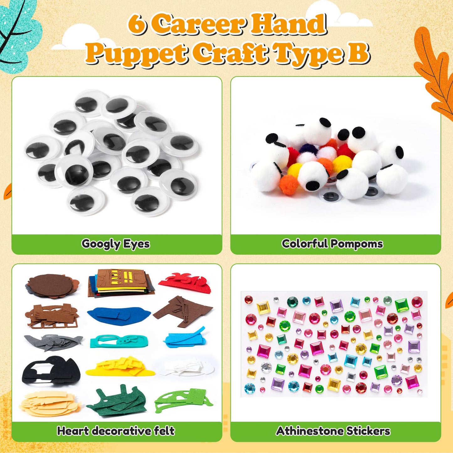 WATINC 6Pcs Hand Puppet Making Kit, Art Craft Felt Sock Puppet Toys, Creative DIY Make Your Own Pompoms Wiggle Googly Eyes Storytelling Role Play Party Supplies Gift for Girls Boys (Career B)